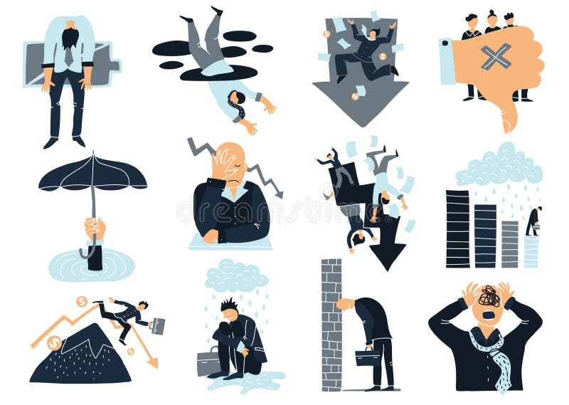 Biznesowego niepowodzenia Płaskie ikony Ustawiać ilustracja wektor Biznesowego niepowodzenia Płaskie ikony Ustawiać ilustracja wektor