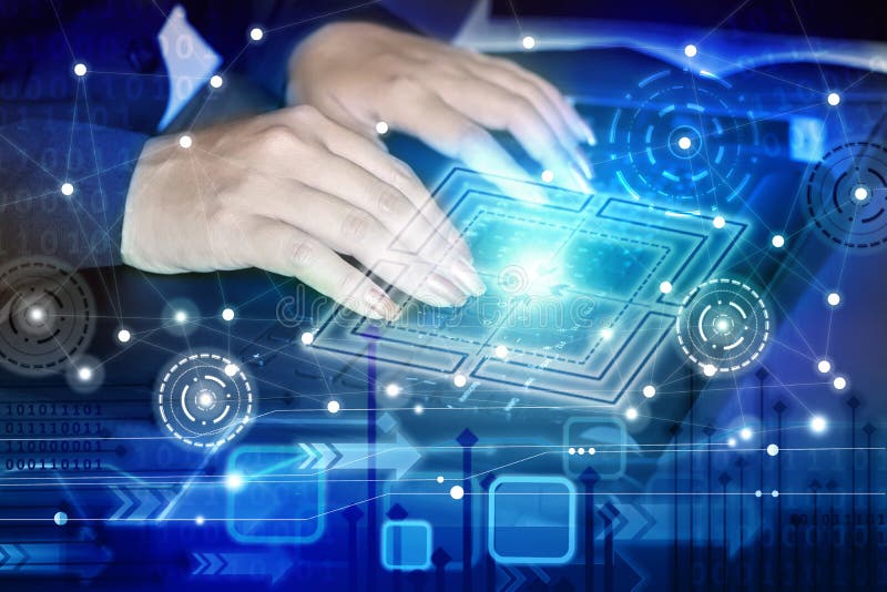 Biznesowej kobiety ręka pisać na maszynie na komputerowym laptopie z abstrakcjonistyczną technologią globalną obraz royalty free Biznesowej kobiety ręka pisać na maszynie na komputerowym laptopie z abstrakcjonistyczną technologią globalną obraz royalty free