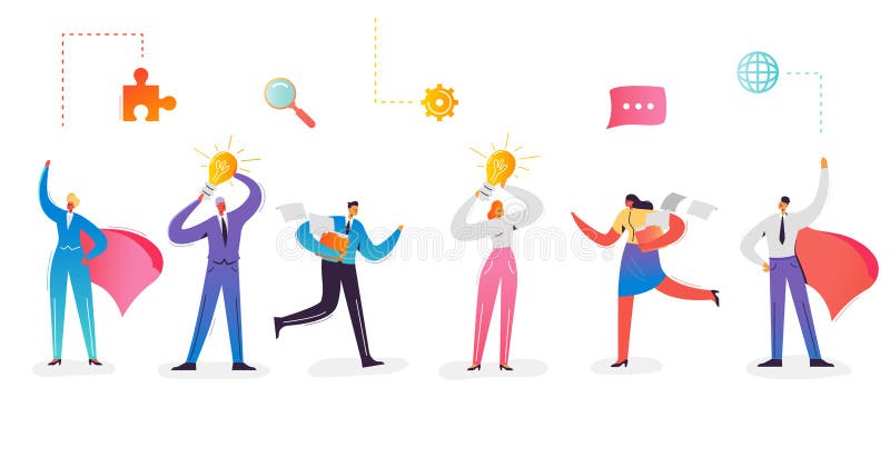Biznesowi charaktery inkasowi Bizneswoman z żarówką Super biznesmen Z Czerwonym przylądkiem kreatywnie pomysł ilustracji Biznesowi charaktery inkasowi Bizneswoman z żarówką Super biznesmen Z Czerwonym przylądkiem kreatywnie pomysł ilustracji