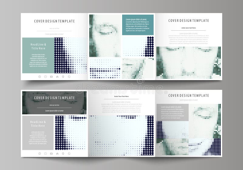 Biznesowi szablony dla trifold kwadratowych projekt broszurek Ulotki pokrywa, wektorowy układ Halftone kropkowany tło, retro royalty ilustracja Biznesowi szablony dla trifold kwadratowych projekt broszurek Ulotki pokrywa, wektorowy układ Halftone kropkowany tło, retro royalty ilustracja