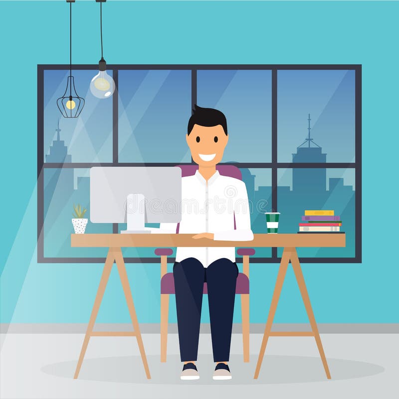 Biznesowy mężczyzna pracuje przy jego biurowym biurkiem Płaskiego projekta nowożytny vect ilustracji Biznesowy mężczyzna pracuje przy jego biurowym biurkiem Płaskiego projekta nowożytny vect ilustracji