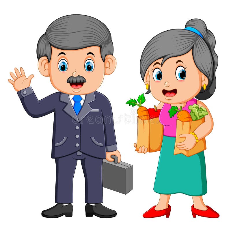 Biznesowy mężczyzna z młodej kobiety mienia sklepu spożywczego torbą na zakupy z warzywami ilustracji Biznesowy mężczyzna z młodej kobiety mienia sklepu spożywczego torbą na zakupy z warzywami ilustracji