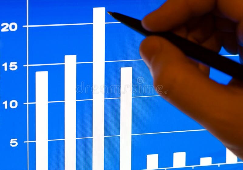 Human hand pointing towards financial stats on laptop lcd. Human hand pointing towards financial stats on laptop lcd