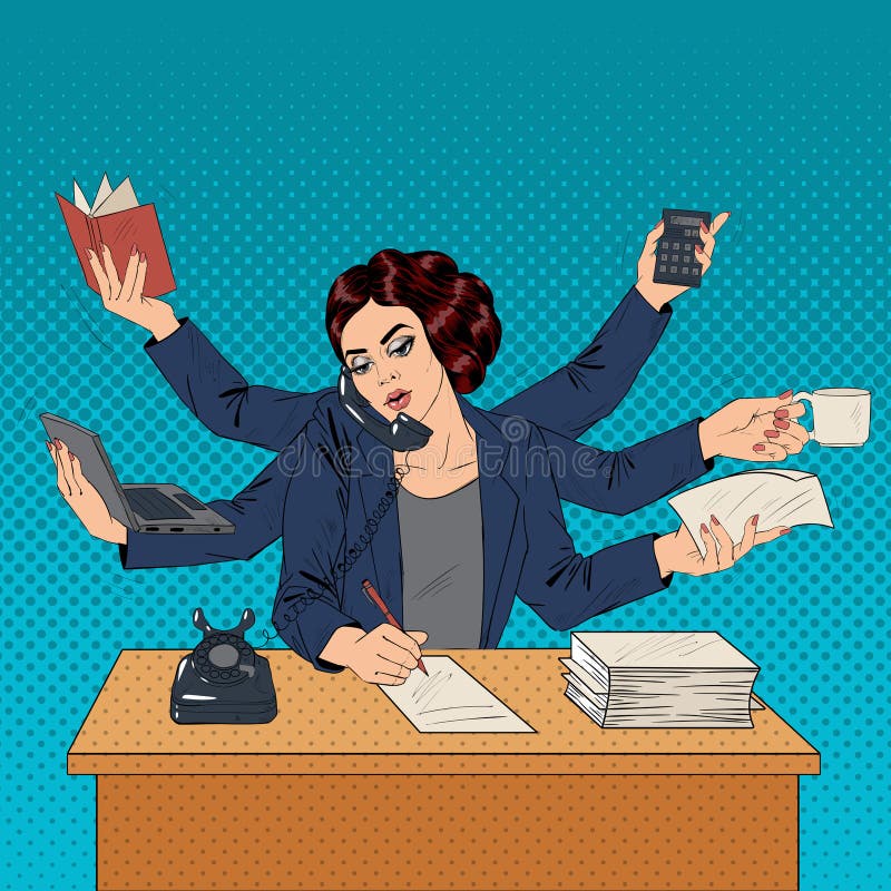 Biznesowy Superwoman wystrzału sztuki sztandar Kobieta z dużo ręki ilustracji Biznesowy Superwoman wystrzału sztuki sztandar Kobieta z dużo ręki ilustracji