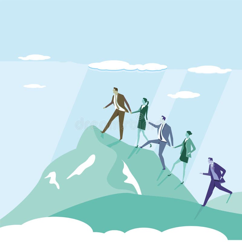 An illustration of a business team reaching the summit of a mountain. An illustration of a business team reaching the summit of a mountain.