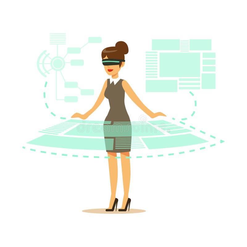 Bizneswoman jest ubranym VR słuchawki pracuje w cyfrowej symulaci i oddziała wzajemnie z 3d unaocznieniem, przyszłościowa technol ilustracja wektor Bizneswoman jest ubranym VR słuchawki pracuje w cyfrowej symulaci i oddziała wzajemnie z 3d unaocznieniem, przyszłościowa technol ilustracja wektor