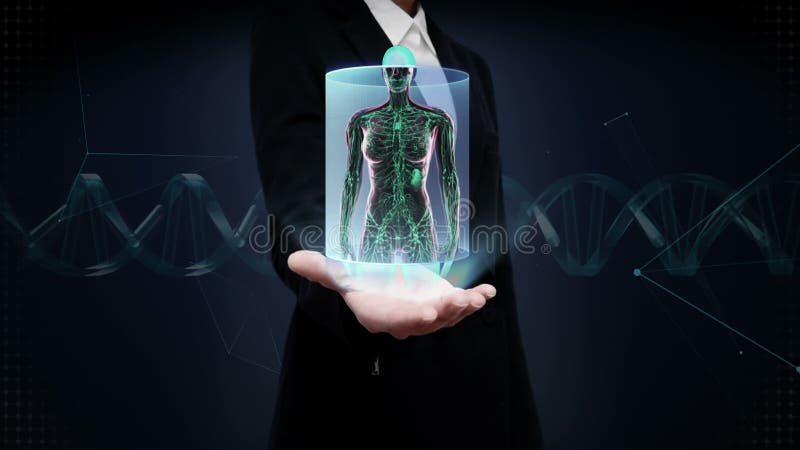 Bizneswoman otwarta palma, Żeński ciało ludzkie skanuje limfatycznego system Błękitny promieniowania rentgenowskiego światło