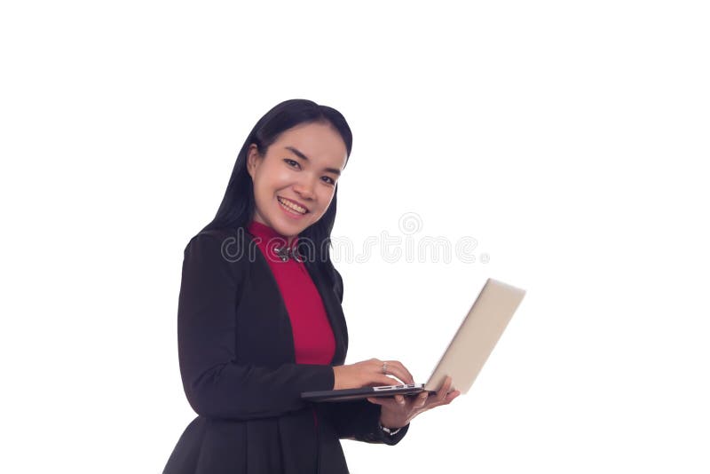 Bizneswomany używają laptop znajdować informację na pracować na bielu zdjęcia royalty free