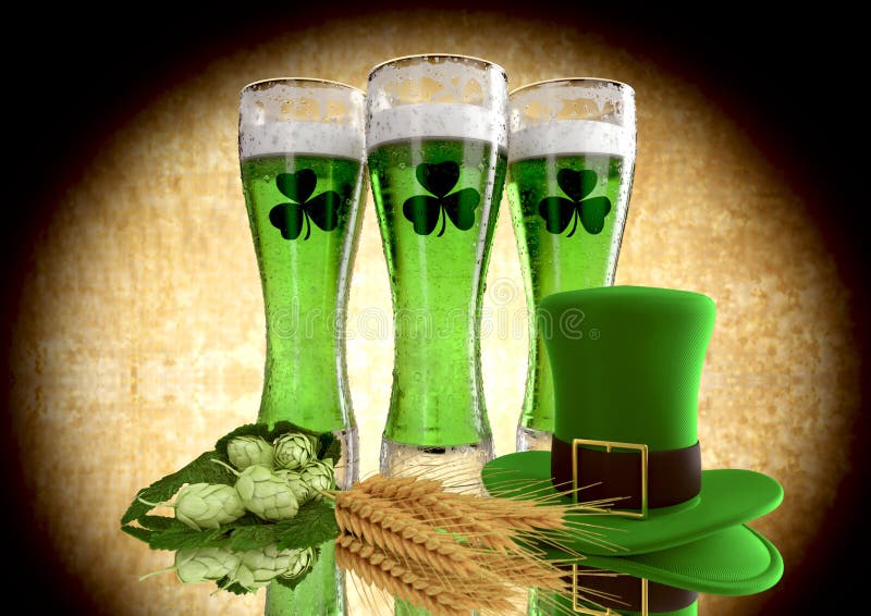 Bière de vert de concept du jour de St Patrick avec l'oxalide petite oseille 3d rendent illustration de vecteur Bière de vert de concept du jour de St Patrick avec l'oxalide petite oseille 3d rendent illustration de vecteur