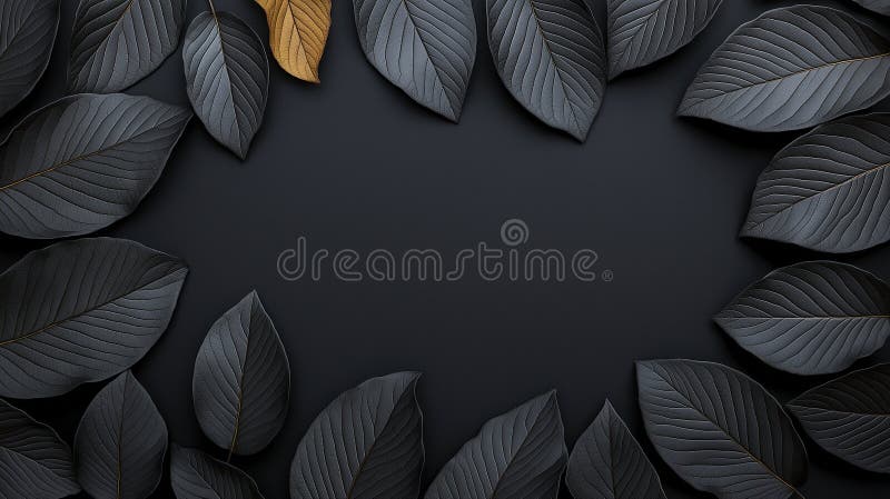 Black abstract background featuring large black leaves with one golden leaf creating striking contrast composition evokes sense stock illustration