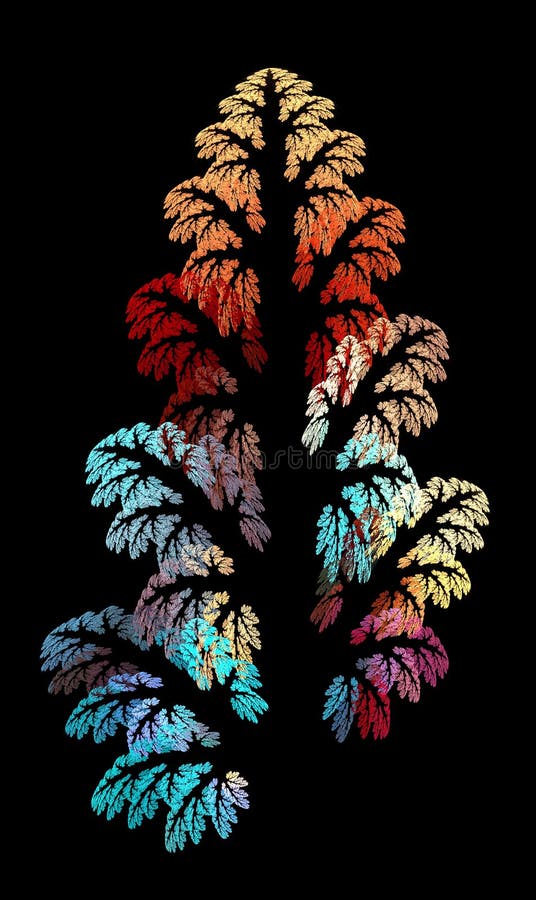 Black abstract fractal background with colorful autumn tree. Tall abstract tree on a vertical background. 3D rendering. stock illustration