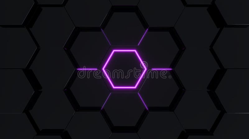 Black abstract futuristic hexagonal background with purple light, 3D rendering vector illustration