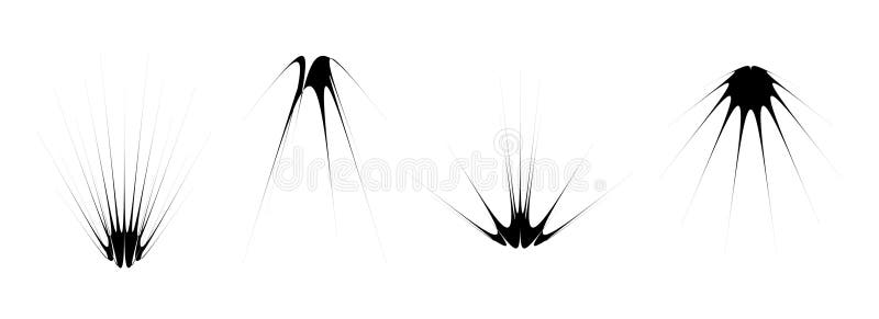Black abstract spiky element set. Thin thorn semicircle shapes and angular twinkles bundle. Futuristic spokes objects vector illustration