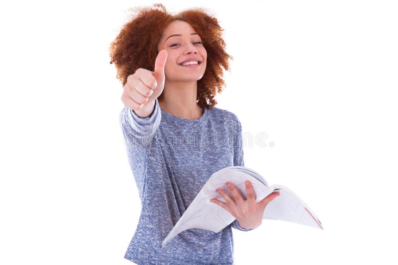 Black African American student girl holding a book and making th