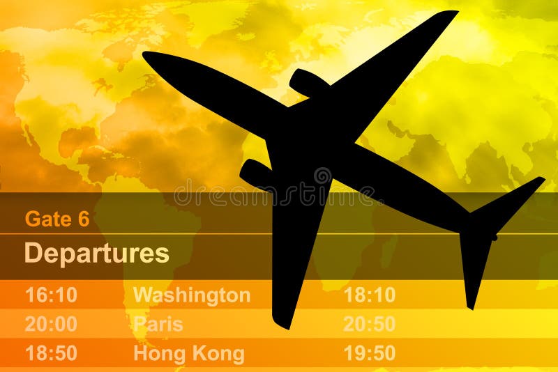 A Black airplane is flying through a cloudy sunset. A departure schedule is in the background. A Black airplane is flying through a cloudy sunset. A departure schedule is in the background.