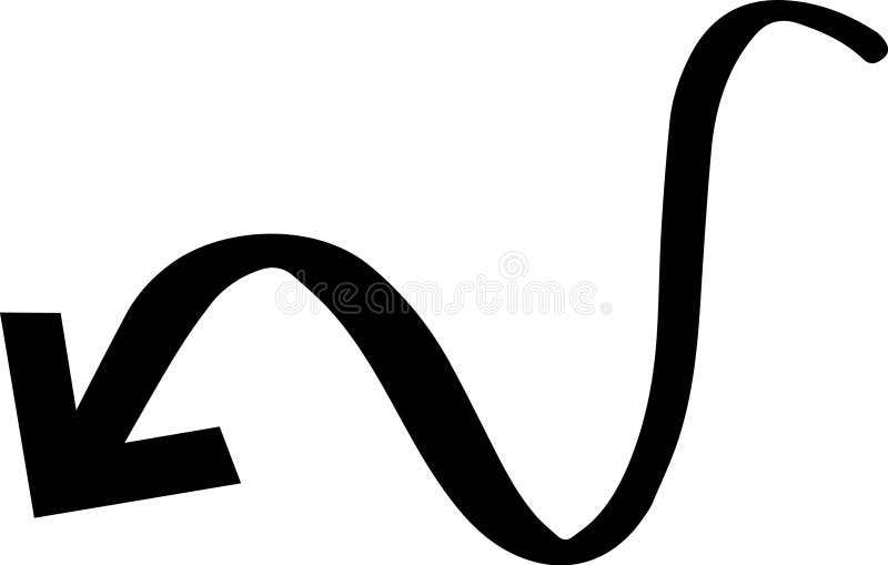 Black arrow pointing down and left with a wavy line, creating a hand drawn effect, perfect for highlighting directions royalty free illustration