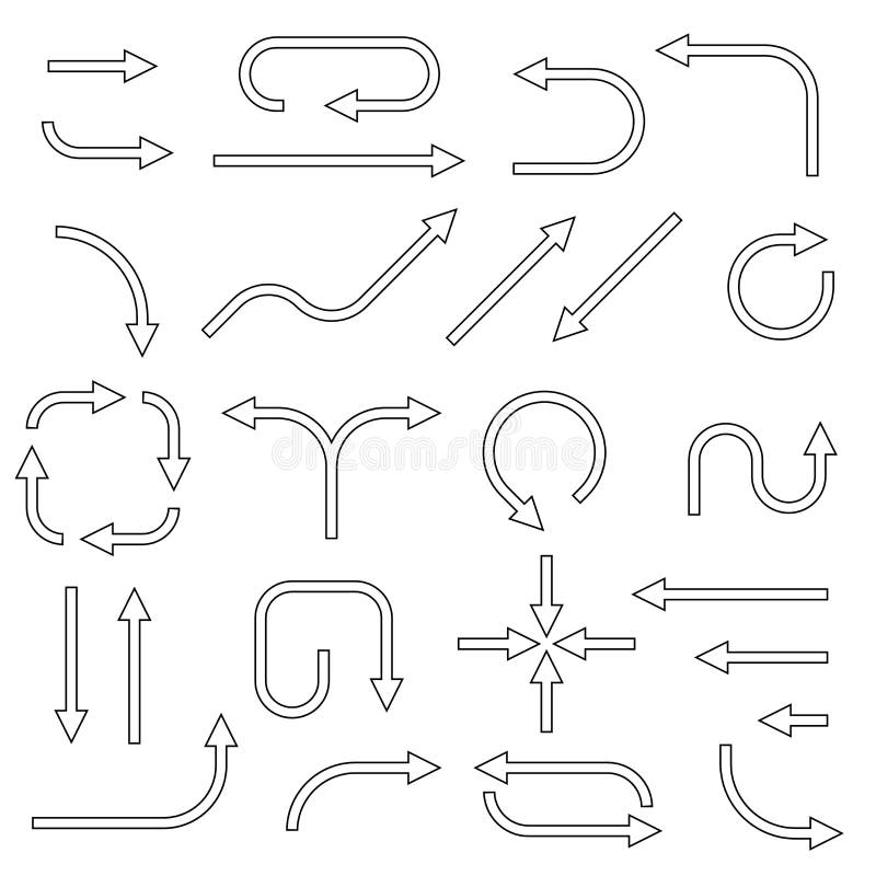 Set Of Arrows. Simple Black Outline Arrow Design. Flat Vector Icons