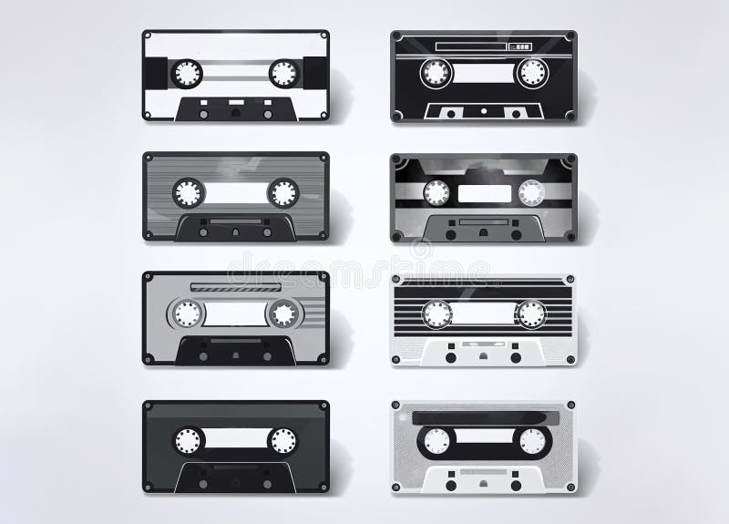 Black Audio Cassettes on a White Background, Black and White ...