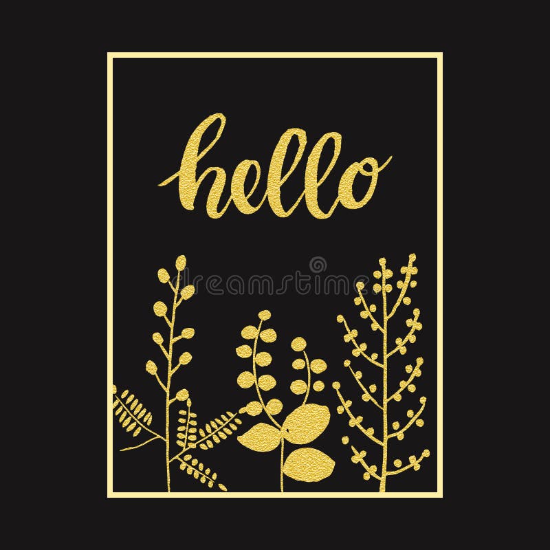 Black autumn background with gold leaves and hand drawn word hello in a frame stock illustration