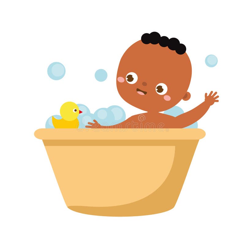 Black baby washing. African american toddler have bath. Newborn child, Little kid in bubble water with duck rubber toy