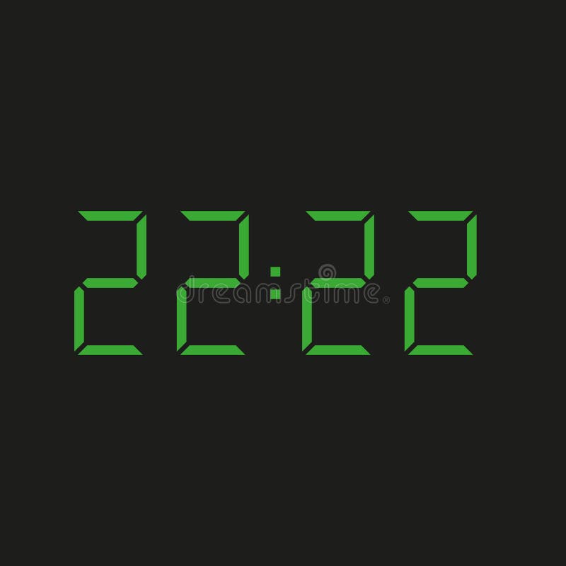 Black background electronic clock with four green numbers and time 22:22 – repeating twenty two vector illustration