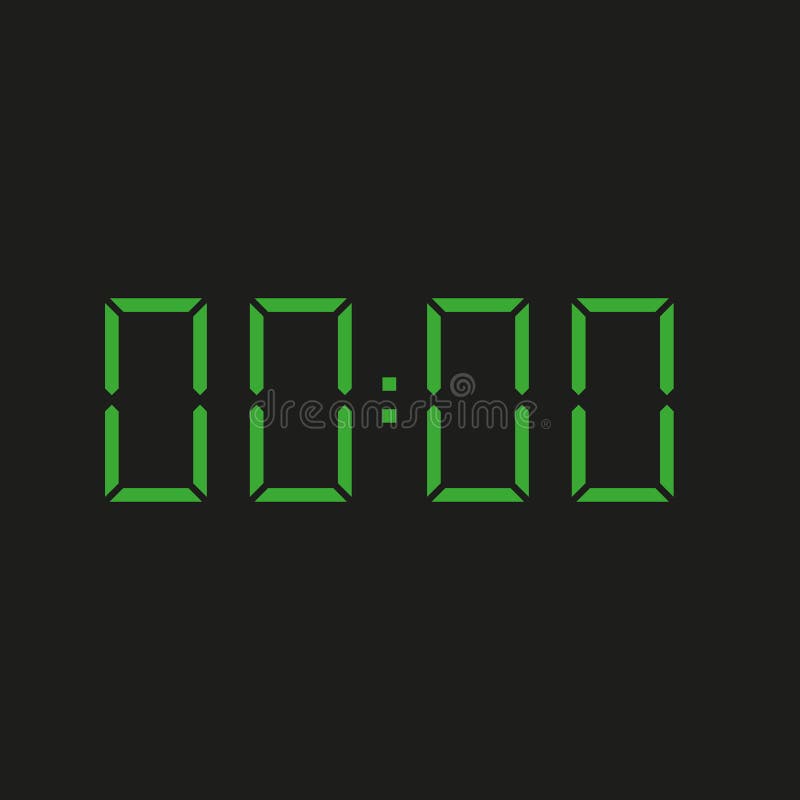 Black background electronic clock with four green numbers and time 00:00 - repeating zero, nil royalty free illustration