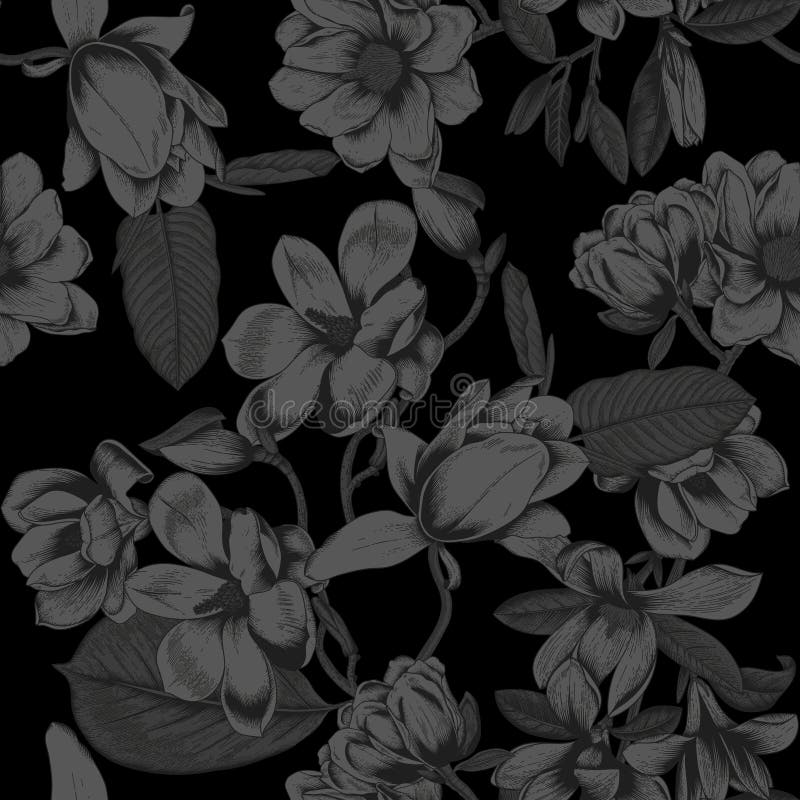 Black Background. Magnolias. Flowers. Vector Seamless Background with