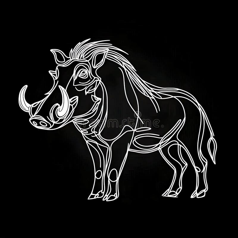 A black background with a white sketch of a Warthog. stock illustration