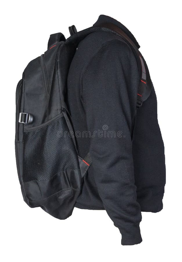 Black Backpack Dressed in a Knitted Sweater Isolated on White