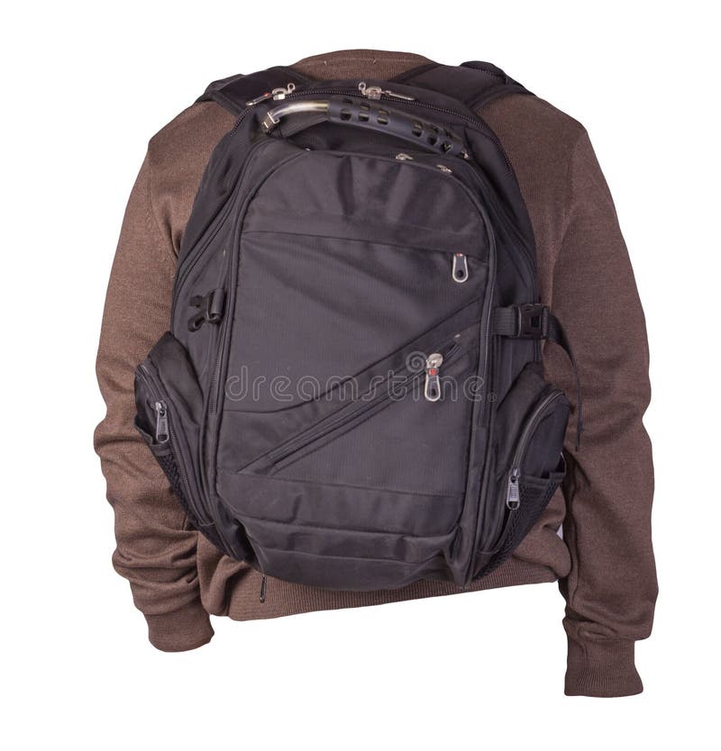 Black Backpack Dressed in a Knitted Sweater Isolated on a White