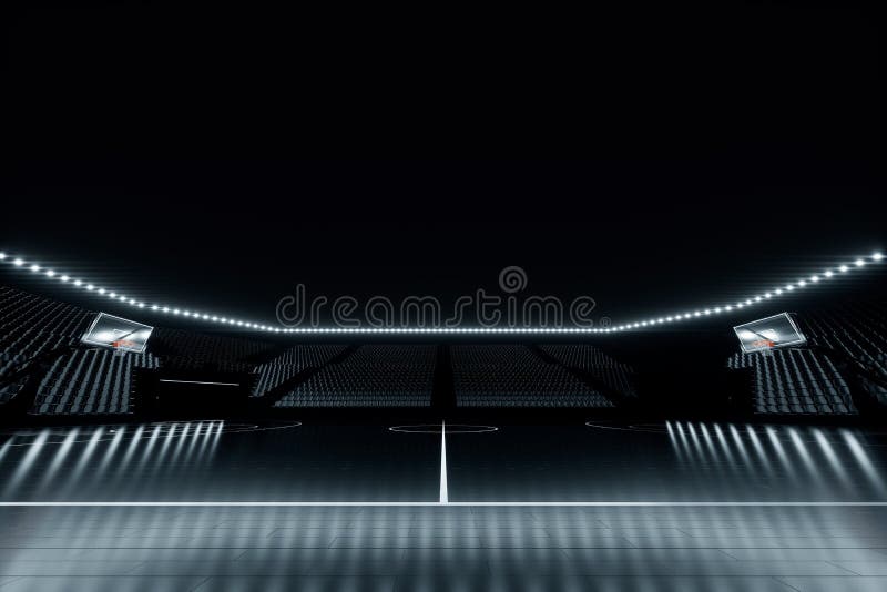 Black basketball hall with empty stands, dark basketball court, basketball stadium. Basketball concept, sports betting. Copy space