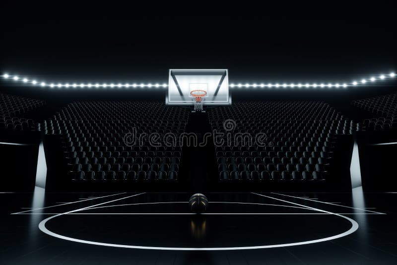 Black basketball hall with empty stands, dark basketball court, basketball stadium. Basketball concept, sports betting. Copy space