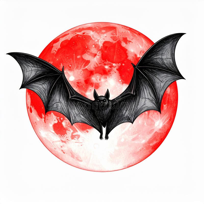 Black Bat Silhouette Against Red Full Moon vector illustration