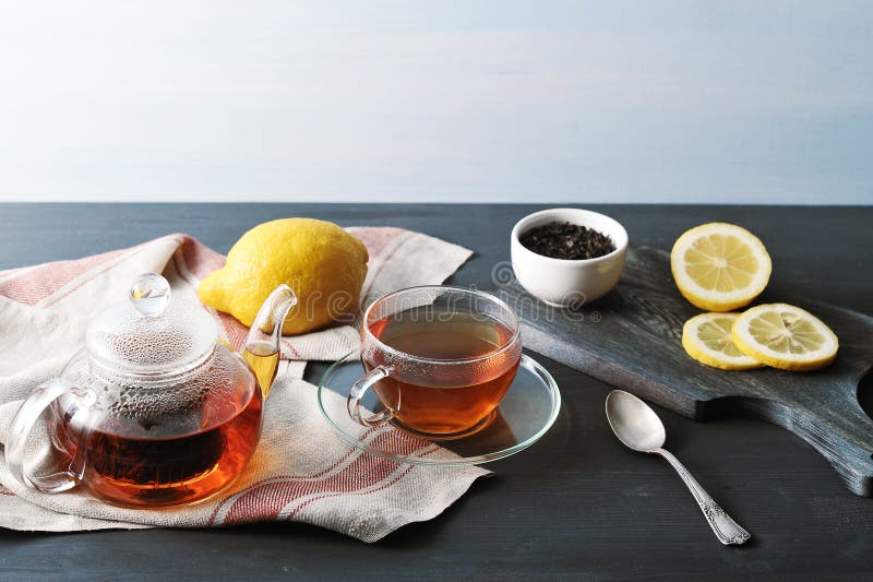 Black Bayh Tea with Lemon in Glass Teapot Stock Photo Image of mint