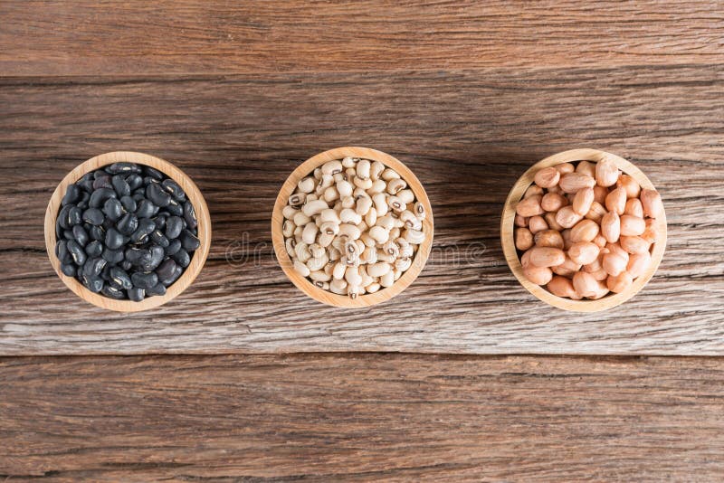Black Bean, White Bean, Groundnut in Wood Bowl. Stock Photo Image of
