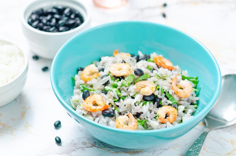 Black Beans Cilantro Shrimp Lime Rice in a Bowl Stock Image Image of