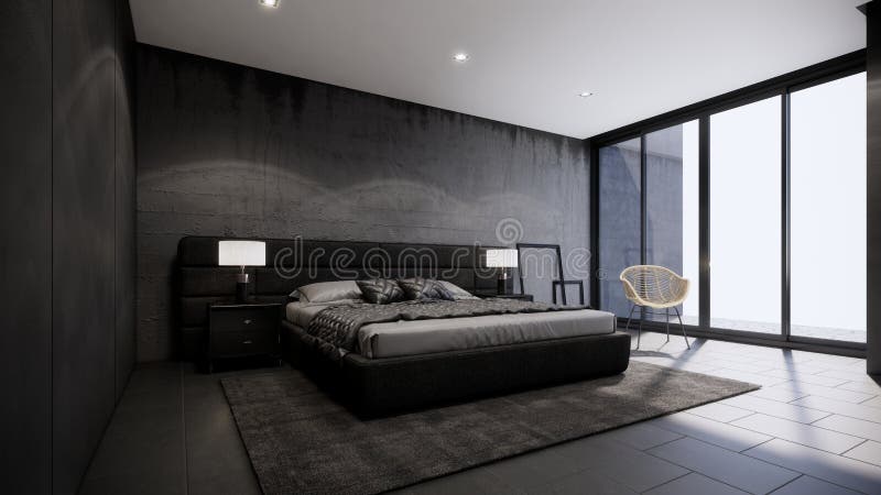 Black Bedroom Concept with Modern and Loft Interior Design, 3d ...