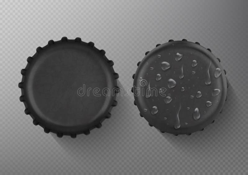 Black Beer Bottle Caps and Drops. Realistic Vector Illustration Stock