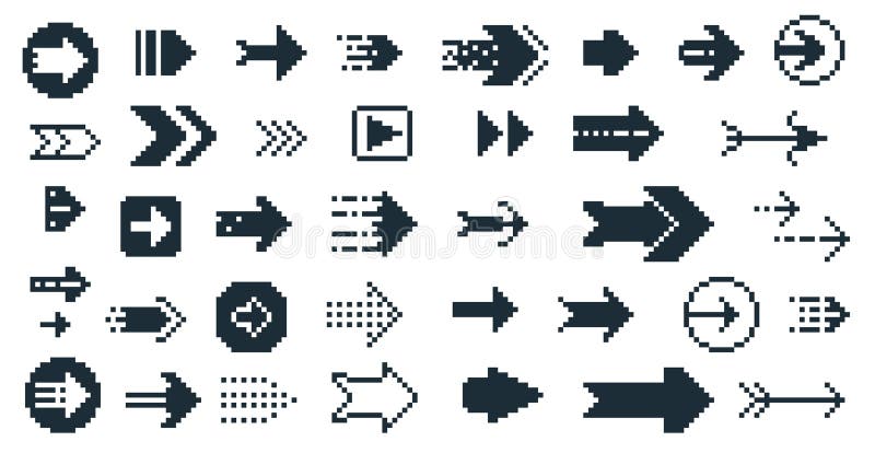 Black 8 bit arrows. Retro square navigation pointer icons, 90s retro pixel cursor direction symbols, retro 8 bit vector stock illustration