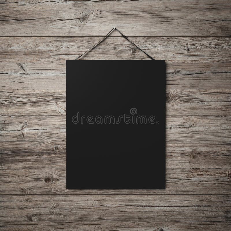 Black Blank Poster Hanging on Leather Belt on Wood Background Stock