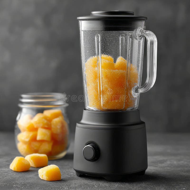 Black blender and fruit cubes on a gray background royalty free stock image