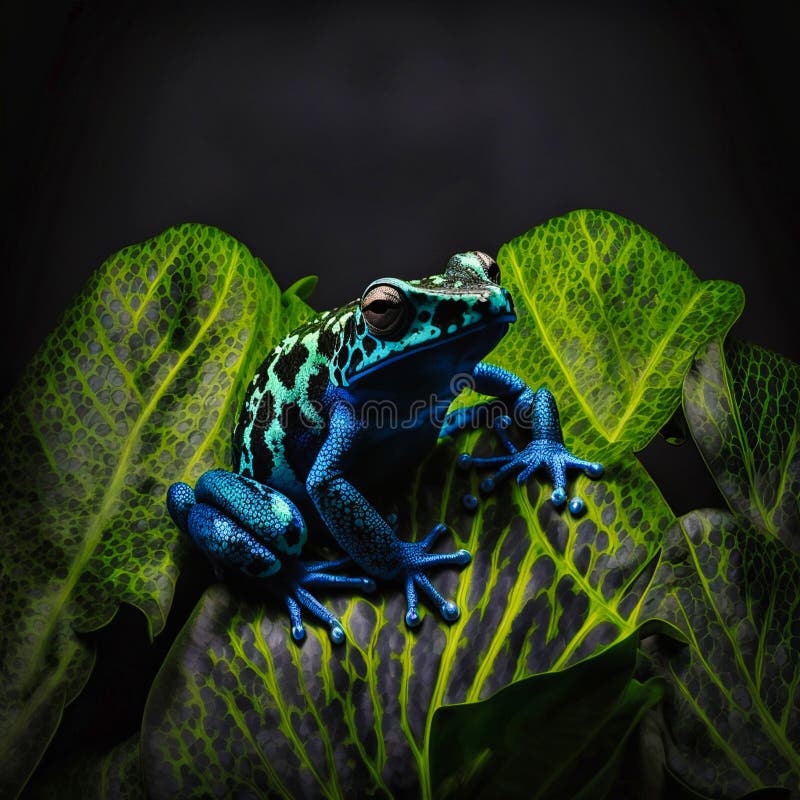 Black and Blue Frog Sitting on Jungle Leaf Isolate, Generative AI Stock