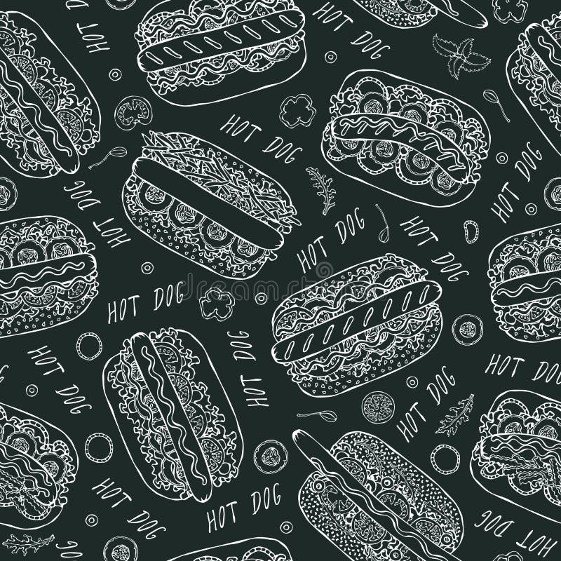 Black Board. Hot Dog and Lettering Seamless Endless Pattern. Many. Restaurant or Cafe Menu Background. Street Fast Food Collection