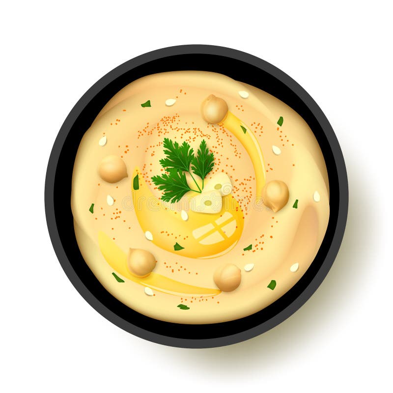 Black bowl of classic hummus isolated on white background, top view. Hummus topped with whole chickpeas, olive oil, sesame, parsley, slices of garlic and vector illustration Black bowl of classic hummus isolated on white background, top view. Hummus topped with whole chickpeas, olive oil, sesame, parsley, slices of garlic and vector illustration