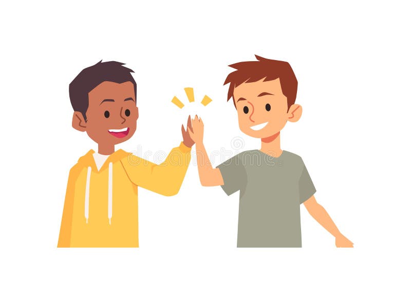 Black Boy Gives White Boy High Five, Cartoon Vector Illustration. Two