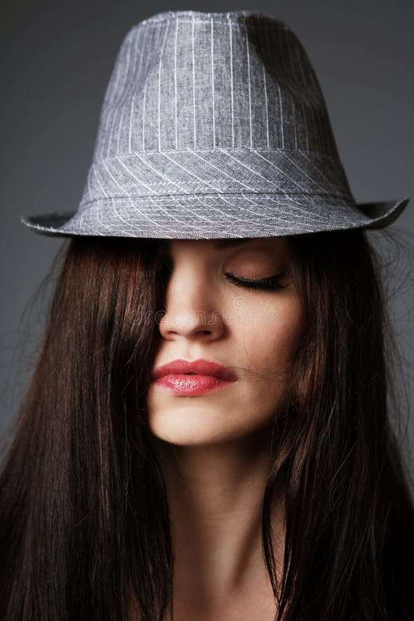 Black bra and gray hat.