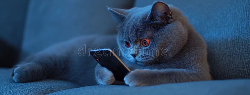 Black British Shorthair cat engages with a smartphone against a warm night background with patterns reminiscent of stock images