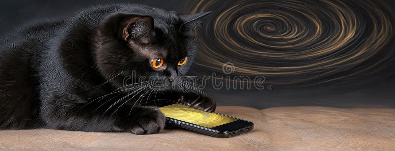 Black British Shorthair cat engages with a smartphone against a warm night background with patterns reminiscent of Chinese art stock images
