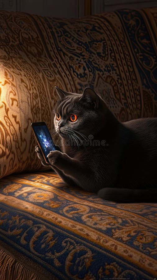 Black British Shorthair cat engages with a smartphone against a warm night background with patterns reminiscent of Chinese art stock photography