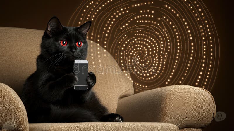 Black British Shorthair cat engages with a smartphone against a warm night background with patterns reminiscent of royalty free stock photo